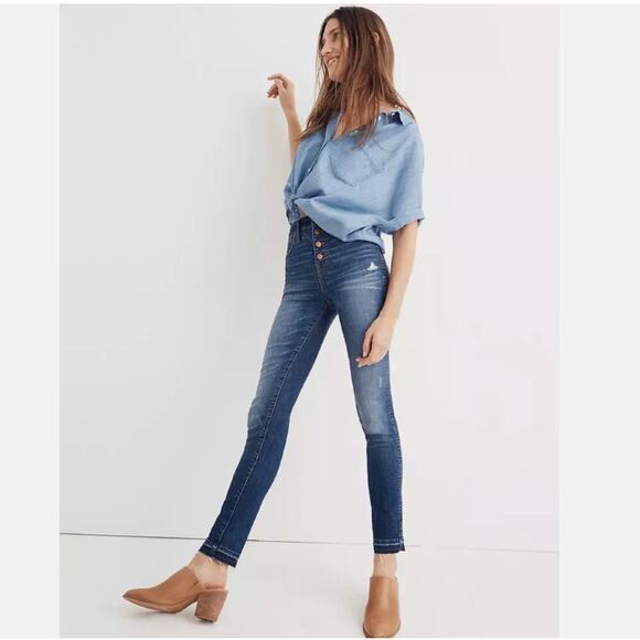 Madewell Denim - Madewell High Rise Skinny Distressed Deconstructed Hem Button Fly Denim Jeans